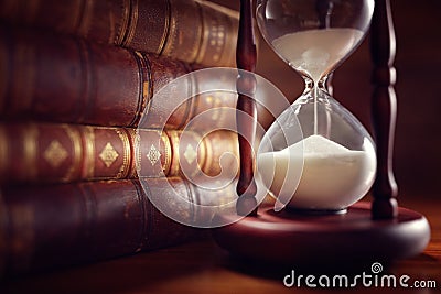 Old books and hourglass Stock Photo