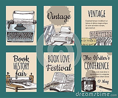 Old books with ink quill feather pen and inkwell set of cards or banners vector illustration. Vintage or antique writing Vector Illustration