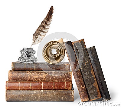 Old books, inkstand and scroll Stock Photo