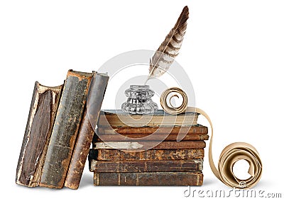 Old books, inkstand and scroll Stock Photo