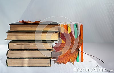 Old books and maple leaves on a light background. Clean place for text. Background for libraries, education, research Stock Photo