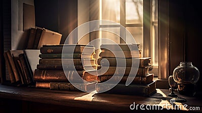 Old books ,quill pen and vintage inkwell on desk in old library historical background Stock Photo