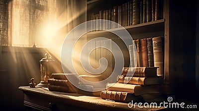 Old books ,quill pen and vintage inkwell on desk in old library historical background Stock Photo