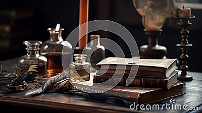 Old books ,quill pen and vintage inkwell on desk in old library historical background Stock Photo