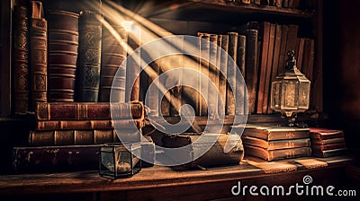 Old books ,quill pen and vintage inkwell on desk in old library historical background Stock Photo