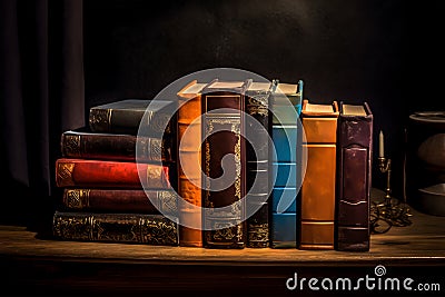 Old books ,quill pen and vintage inkwell on wooden desk in old library. Stock Photo