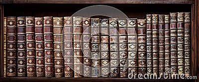 Old books on wooden shelf. Tiled Bookshelf background. Stock Photo