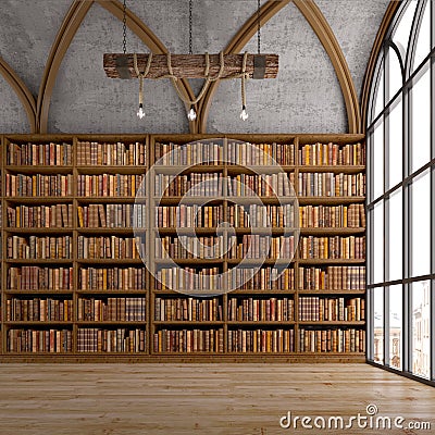 Old bookshelves in the library with arched window and ceiling lamp.Classic style. Stock Photo