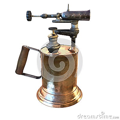 Old brass blow torch with wooden handle and bronze nozzle 3d illustration Cartoon Illustration