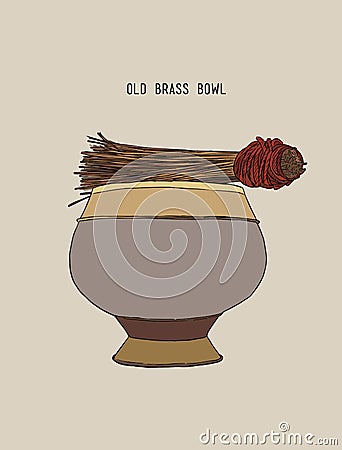 Old brass bowl of holy water Vector Illustration