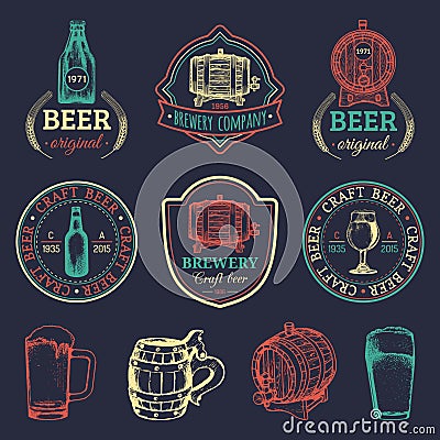 Old brewery logos set. Kraft beer retro images with hand sketched glass, barrel etc. Vector vintage labels or badges. Vector Illustration