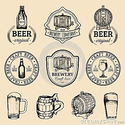 Old brewery logos set. Kraft beer retro images with hand sketched glass, barrel etc. Vector vintage labels or badges. Vector Illustration