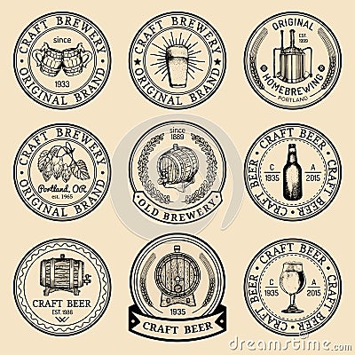 Old brewery logos set. Kraft beer retro signs with hand sketched glass, barrel, bottle etc. Vector lager, ale labels. Vector Illustration