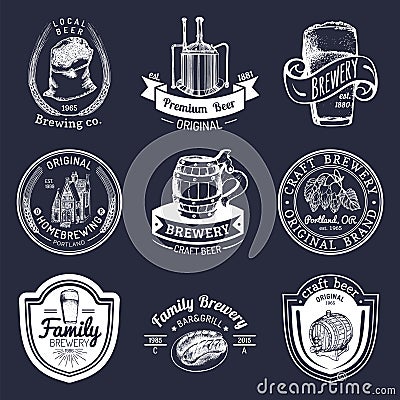 Old brewery logos set. Kraft beer retro signs with hand sketched glass, barrel etc. Vector homebrewing labels or badges. Vector Illustration