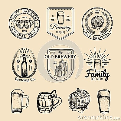 Old brewery logos set. Kraft beer retro signs with hand sketched glass, barrel etc. Vector vintage ale, lager labels. Vector Illustration