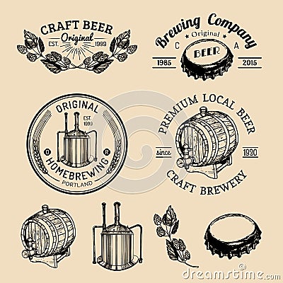 Old brewery logos set. Kraft beer retro signs with hand sketched glass, barrel etc. Vector vintage homebrewing badges. Vector Illustration