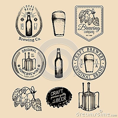 Old brewery logos set. Kraft beer retro signs with hand sketched glass, barrel etc. Vector vintage homebrewing badges. Vector Illustration