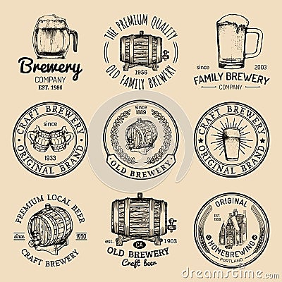 Old brewery logos set. Kraft beer retro signs or icons with hand sketched glass, barrel, mug etc. Vector vintage labels. Vector Illustration