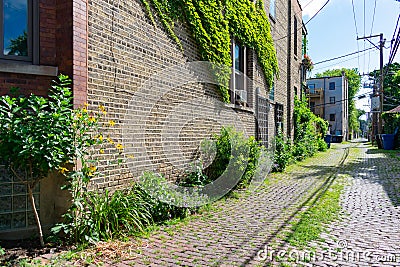 Old Brick Alleyway next to Residential Buildings in Logan Square Chicago Stock Photo