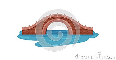 Old brick bridge over blue river. Arch footbridge. Landscape element for city park. Architecture theme. Flat vector Vector Illustration