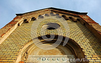 Old brick church wall. old, roman, ancient, brick, architecture, stone, wall, antique, building, background, construction, textu Stock Photo