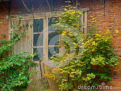 Old brick garage door facade Stock Photo