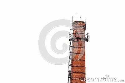 Old brick smokestack isolated on white background. Old factory chimney. Red brick victorian manufacture chimney Stock Photo