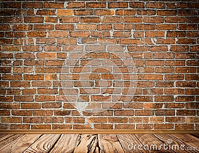 Old brick wall and old wood floor background. Stock Photo