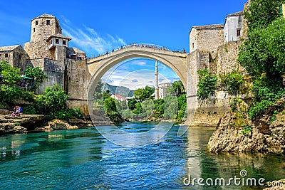 Old Bridge and Mosque in the Old Town of Mostar, Bosnia Editorial Stock Photo