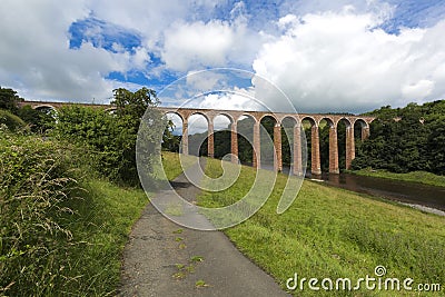 Old bridge over river Tweed looking upriver near Melrose at Leaderfoot towards Gattonside. Stock Photo