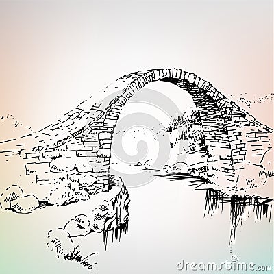 Old bridge, stone bridge over the river Vector Illustration