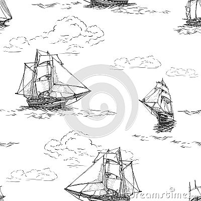 Old brig, seamless pattern graphic sketch hand draw. Sea or ocean transport, marine pirates theme. Vector Vector Illustration