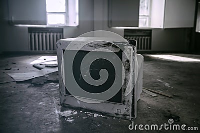 An old, broken monitor lies on the floor in an abandoned building. Sunbeams in the windows in the background. Stock Photo
