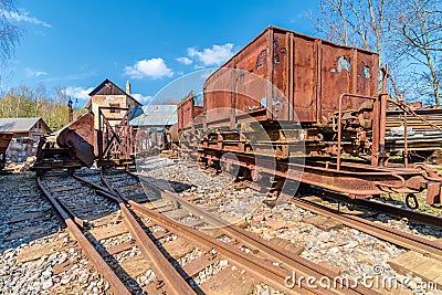 Old broken rusted train in decay, Solvayovy lomy open air museum, Svaty Jan pod Skalou, Czech republic Stock Photo