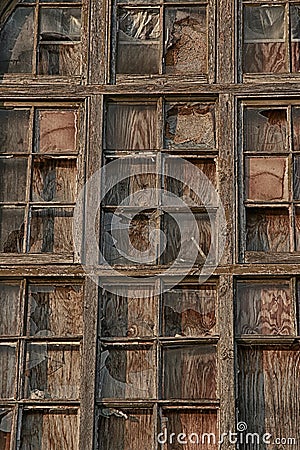 Old broken wooden window panes with glass Stock Photo