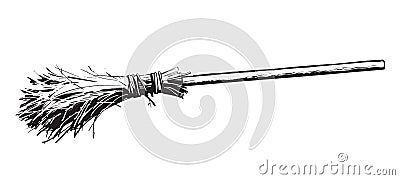 Old broomstick. Halloween which magic broom. Hand drawn black and white sketch style vector illustration. Vector Illustration