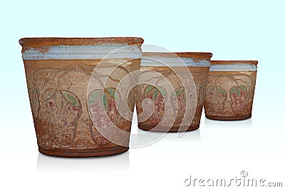 old brown and blue three sizes of pots stacked on white background, decor, decoration, gift, decoration, copy space Stock Photo