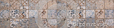 Old brown gray rusty vintage worn shabby patchwork square mosaic motif tiles stone concrete cement wall texture wallpaper Stock Photo