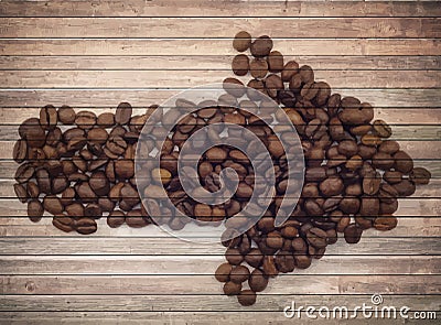 Old brown planks and coffee beans arrow. Collage Vector Illustration