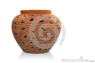old brown pottery pot on white background, object, decor, vintage, antique, ancient, copy space Stock Photo