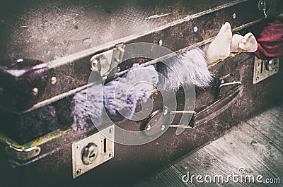 An old brown suitcase, a short, protruding clothes and legs of a doll. Stock Photo