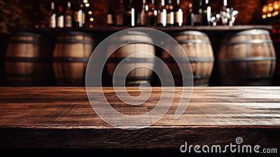 Old brown wood table in wine cellar on vintage barrels background, empty counter in restaurant, bar or cafe. Wooden casks in Stock Photo