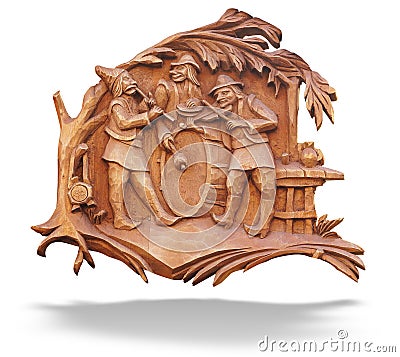 Old brown wooden bass-relief with musicians over white Stock Photo