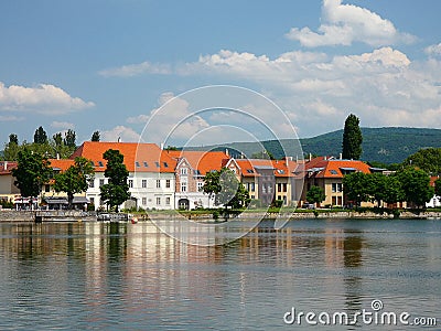 old building with lake reflection Stock Photo