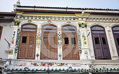 Old building with many wooden doors in Meleka, Malaysia Stock Photo