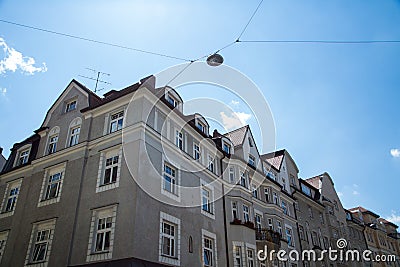 Old building and new building, row of houses in Schwabing Stock Photo