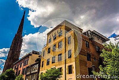 Old buildings and a church in Mount Vernon, Baltimore, Maryland. Stock Photo