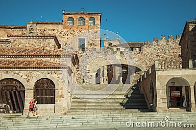 Old buildings in the Main Square with stairs at Caceres Editorial Stock Photo