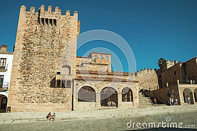 Old buildings in the Main Square with stairs at Caceres Editorial Stock Photo