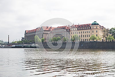 Old buildings and street view. Vltava river with glare. Travel photo 2019 Stock Photo